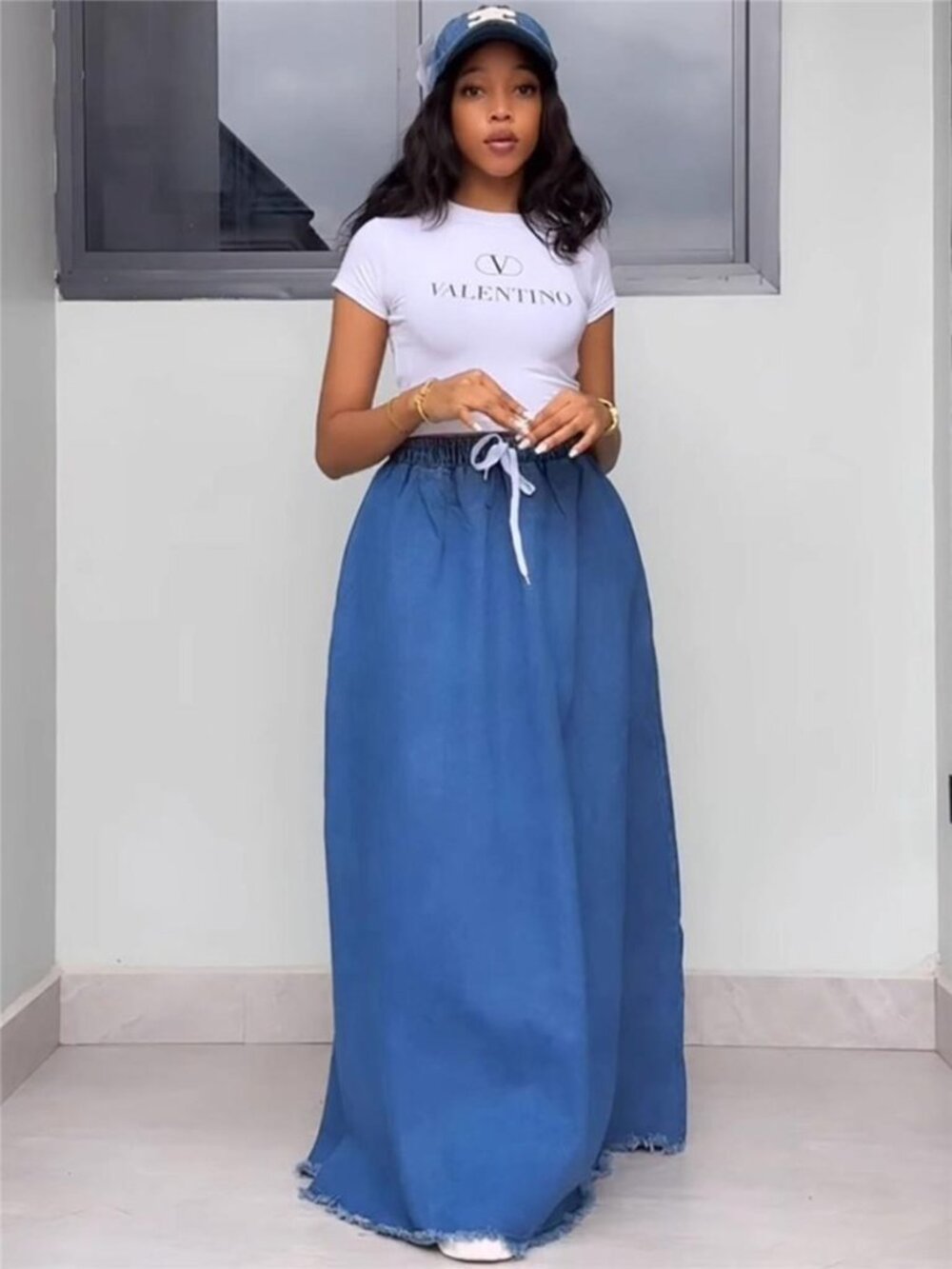 Full Size Raw Hem Denim Maxi Skirt Plus Size